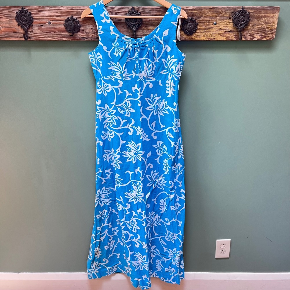 Waltah‎ Clarke's Vintage Hawaiian Maxi Dress Blue White Floral Cotton Womens 14